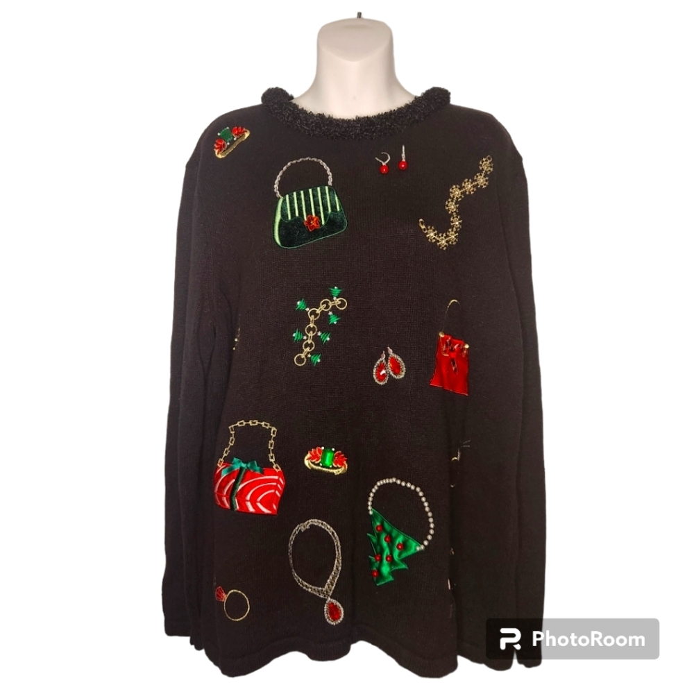 Merry & Bright 3D Ugly or Cute Christmas Holiday Party Sweater. Embellishments.